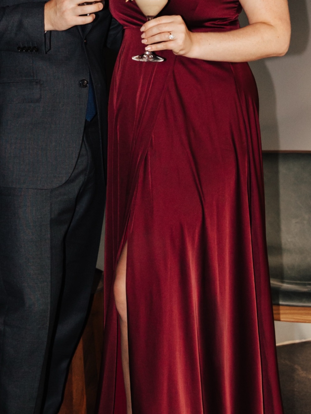 Lulu's Burgundy Satin Maxi Dress with Front Slit